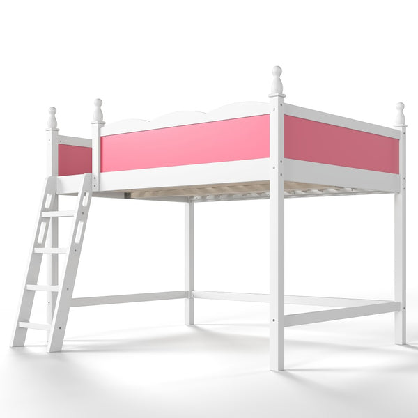 English Elm Full Size Solid Wood Kids Loft Bed with Safety Guardrails and Open Play Space Below Light White/Pink W5305P492108