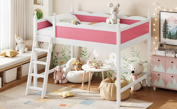 English Elm Full Size Solid Wood Kids Loft Bed with Safety Guardrails and Open Play Space Below Light White/Pink W5305P492108