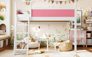 English Elm Full Size Solid Wood Kids Loft Bed with Safety Guardrails and Open Play Space Below Light White/Pink W5305P492108
