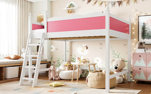 English Elm Full Size Solid Wood Kids Loft Bed with Safety Guardrails and Open Play Space Below Light White/Pink W5305P492108