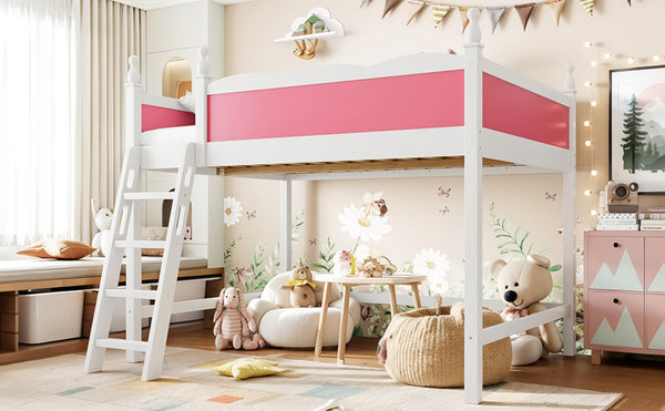 English Elm Full Size Solid Wood Kids Loft Bed with Safety Guardrails and Open Play Space Below Light White/Pink W5305P492108