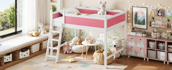 English Elm Full Size Solid Wood Kids Loft Bed with Safety Guardrails and Open Play Space Below Light White/Pink W5305P492108