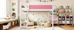 English Elm Full Size Solid Wood Kids Loft Bed with Safety Guardrails and Open Play Space Below Light White/Pink W5305P492108