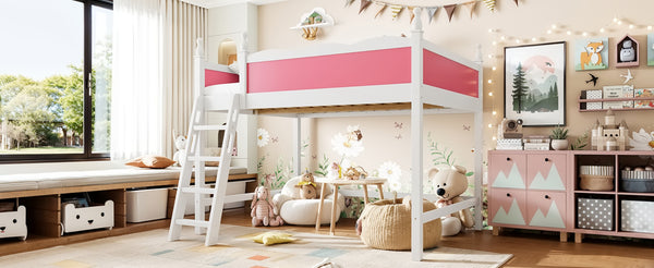 English Elm Full Size Solid Wood Kids Loft Bed with Safety Guardrails and Open Play Space Below Light White/Pink W5305P492108