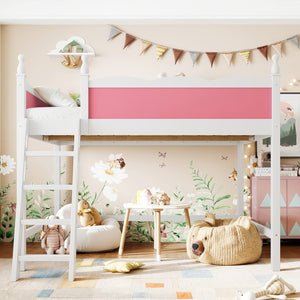 English Elm Full Size Solid Wood Kids Loft Bed with Safety Guardrails and Open Play Space Below Light White/Pink W5305P492108