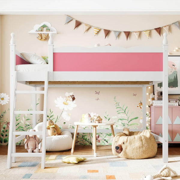 English Elm Full Size Solid Wood Kids Loft Bed with Safety Guardrails and Open Play Space Below Light White/Pink W5305P492108
