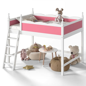 English Elm Full Size Solid Wood Kids Loft Bed with Safety Guardrails and Open Play Space Below Light White/Pink W5305P492108