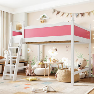 English Elm Full Size Solid Wood Kids Loft Bed with Safety Guardrails and Open Play Space Below Light White/Pink W5305P492108