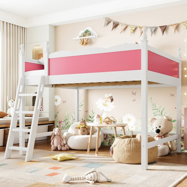 English Elm Full Size Solid Wood Kids Loft Bed with Safety Guardrails and Open Play Space Below Light White/Pink W5305P492108