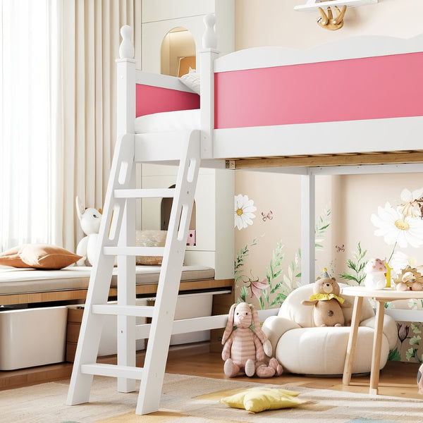 English Elm Full Size Solid Wood Kids Loft Bed with Safety Guardrails and Open Play Space Below Light White/Pink W5305P492108