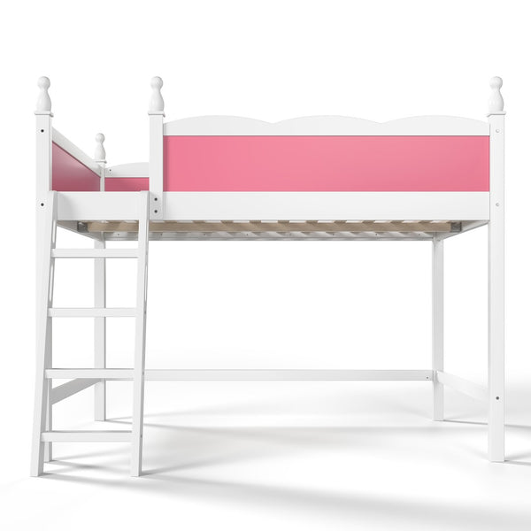 English Elm Full Size Solid Wood Kids Loft Bed with Safety Guardrails and Open Play Space Below Light White/Pink W5305P492108