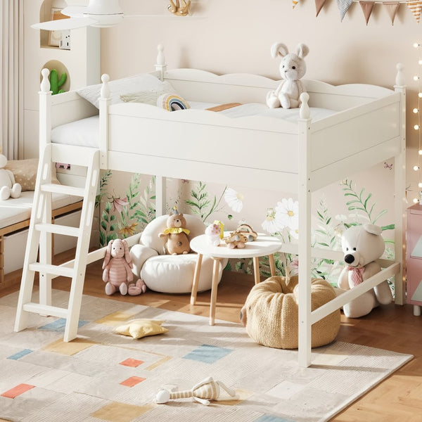 English Elm Full Size Solid Wood Kids Loft Bed with Safety Guardrails and Open Play Space Below Beige W5305P492109