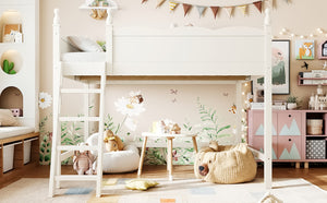 English Elm Full Size Solid Wood Kids Loft Bed with Safety Guardrails and Open Play Space Below Beige W5305P492109