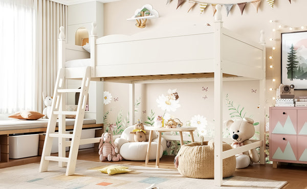 English Elm Full Size Solid Wood Kids Loft Bed with Safety Guardrails and Open Play Space Below Beige W5305P492109
