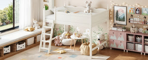 English Elm Full Size Solid Wood Kids Loft Bed with Safety Guardrails and Open Play Space Below Beige W5305P492109