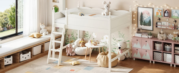 English Elm Full Size Solid Wood Kids Loft Bed with Safety Guardrails and Open Play Space Below Beige W5305P492109