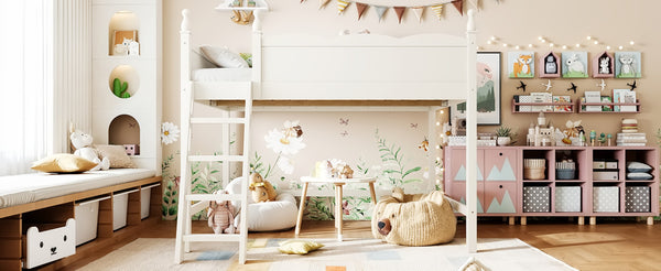 English Elm Full Size Solid Wood Kids Loft Bed with Safety Guardrails and Open Play Space Below Beige W5305P492109