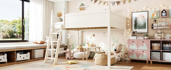 English Elm Full Size Solid Wood Kids Loft Bed with Safety Guardrails and Open Play Space Below Beige W5305P492109