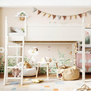 English Elm Full Size Solid Wood Kids Loft Bed with Safety Guardrails and Open Play Space Below Beige W5305P492109