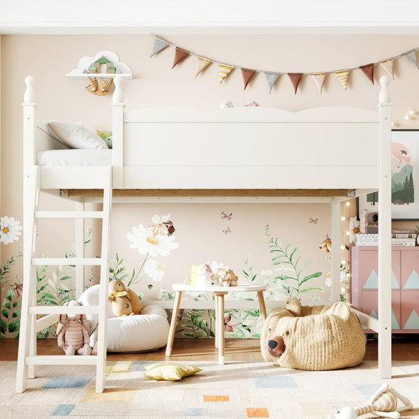 English Elm Full Size Solid Wood Kids Loft Bed with Safety Guardrails and Open Play Space Below Beige W5305P492109