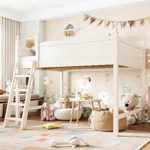 English Elm Full Size Solid Wood Kids Loft Bed with Safety Guardrails and Open Play Space Below Beige W5305P492109