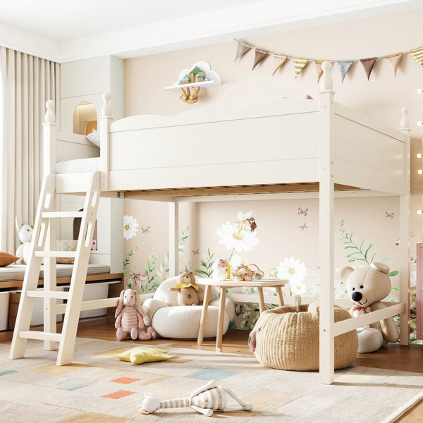 English Elm Full Size Solid Wood Kids Loft Bed with Safety Guardrails and Open Play Space Below Beige W5305P492109