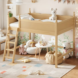 English Elm Full Size Solid Wood Kids Loft Bed with Safety Guardrails and Open Play Space Below Natural W5305P492110