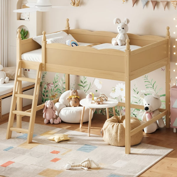 English Elm Full Size Solid Wood Kids Loft Bed with Safety Guardrails and Open Play Space Below Natural W5305P492110