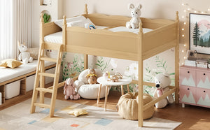 English Elm Full Size Solid Wood Kids Loft Bed with Safety Guardrails and Open Play Space Below Natural W5305P492110