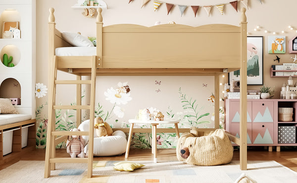 English Elm Full Size Solid Wood Kids Loft Bed with Safety Guardrails and Open Play Space Below Natural W5305P492110