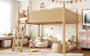 English Elm Full Size Solid Wood Kids Loft Bed with Safety Guardrails and Open Play Space Below Natural W5305P492110