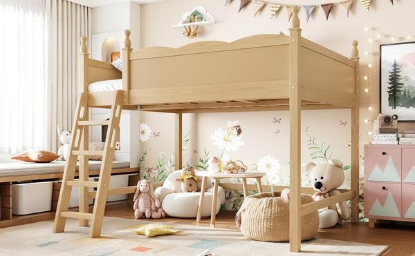 English Elm Full Size Solid Wood Kids Loft Bed with Safety Guardrails and Open Play Space Below Natural W5305P492110