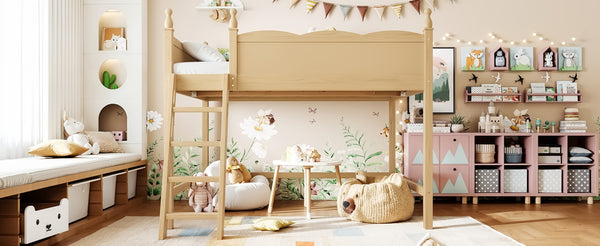 English Elm Full Size Solid Wood Kids Loft Bed with Safety Guardrails and Open Play Space Below Natural W5305P492110