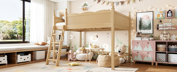 English Elm Full Size Solid Wood Kids Loft Bed with Safety Guardrails and Open Play Space Below Natural W5305P492110