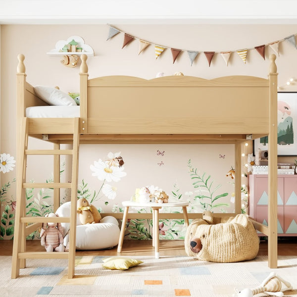 English Elm Full Size Solid Wood Kids Loft Bed with Safety Guardrails and Open Play Space Below Natural W5305P492110