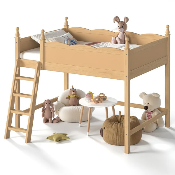English Elm Full Size Solid Wood Kids Loft Bed with Safety Guardrails and Open Play Space Below Natural W5305P492110