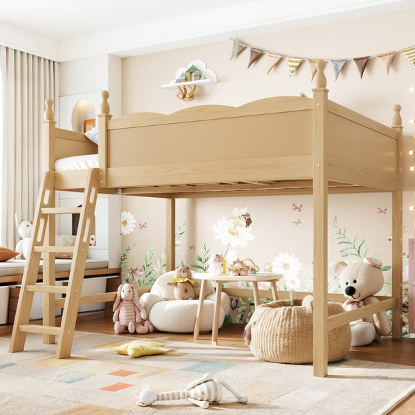 English Elm Full Size Solid Wood Kids Loft Bed with Safety Guardrails and Open Play Space Below Natural W5305P492110