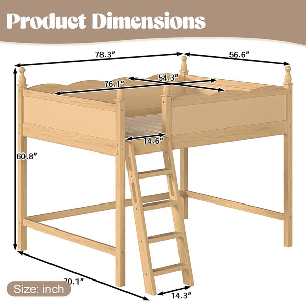 English Elm Full Size Solid Wood Kids Loft Bed with Safety Guardrails and Open Play Space Below Natural W5305P492110
