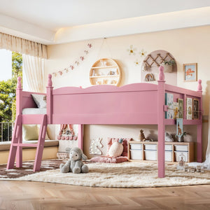 English Elm Full Size Low Loft Bed Solid Pine Frame with Built-In Bookshelf and Continuous Guardrails Pink W5305P494554