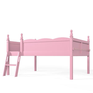 English Elm Full Size Low Loft Bed Solid Pine Frame with Built-In Bookshelf and Continuous Guardrails Pink W5305P494554