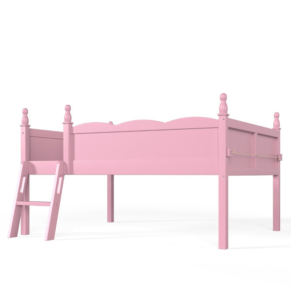 English Elm Full Size Low Loft Bed Solid Pine Frame with Built-In Bookshelf and Continuous Guardrails Pink W5305P494554