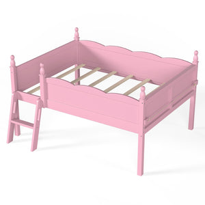 English Elm Full Size Low Loft Bed Solid Pine Frame with Built-In Bookshelf and Continuous Guardrails Pink W5305P494554
