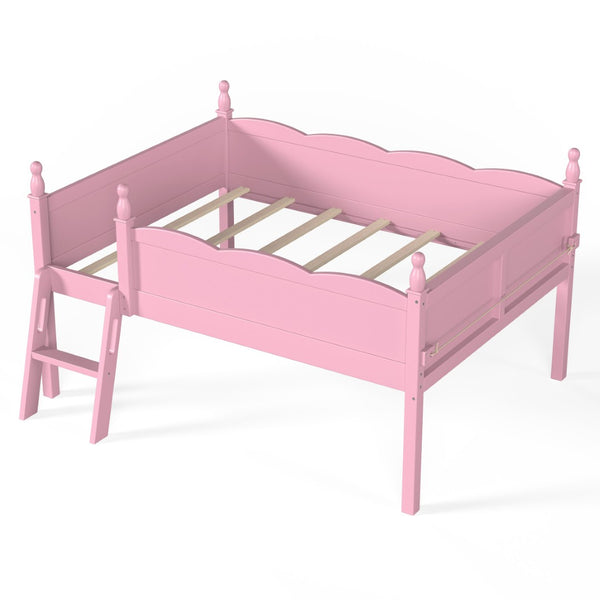 English Elm Full Size Low Loft Bed Solid Pine Frame with Built-In Bookshelf and Continuous Guardrails Pink W5305P494554