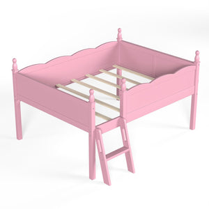 English Elm Full Size Low Loft Bed Solid Pine Frame with Built-In Bookshelf and Continuous Guardrails Pink W5305P494554