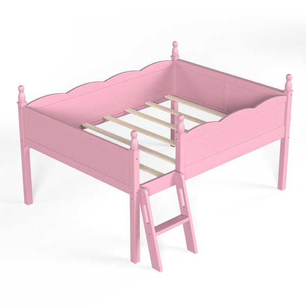 English Elm Full Size Low Loft Bed Solid Pine Frame with Built-In Bookshelf and Continuous Guardrails Pink W5305P494554