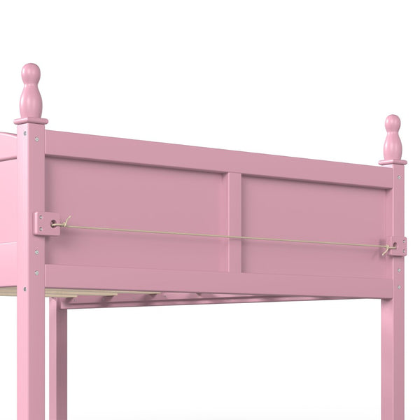 English Elm Full Size Low Loft Bed Solid Pine Frame with Built-In Bookshelf and Continuous Guardrails Pink W5305P494554