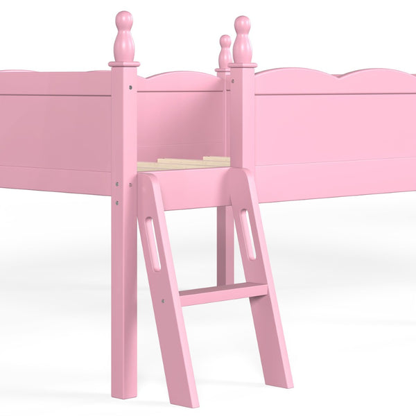 English Elm Full Size Low Loft Bed Solid Pine Frame with Built-In Bookshelf and Continuous Guardrails Pink W5305P494554