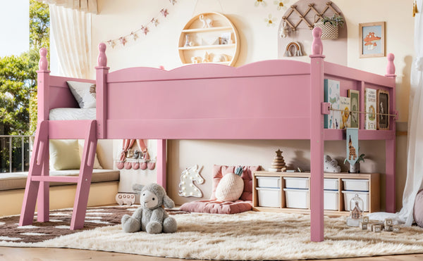English Elm Full Size Low Loft Bed Solid Pine Frame with Built-In Bookshelf and Continuous Guardrails Pink W5305P494554