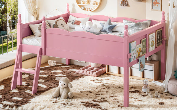 English Elm Full Size Low Loft Bed Solid Pine Frame with Built-In Bookshelf and Continuous Guardrails Pink W5305P494554