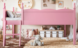 English Elm Full Size Low Loft Bed Solid Pine Frame with Built-In Bookshelf and Continuous Guardrails Pink W5305P494554